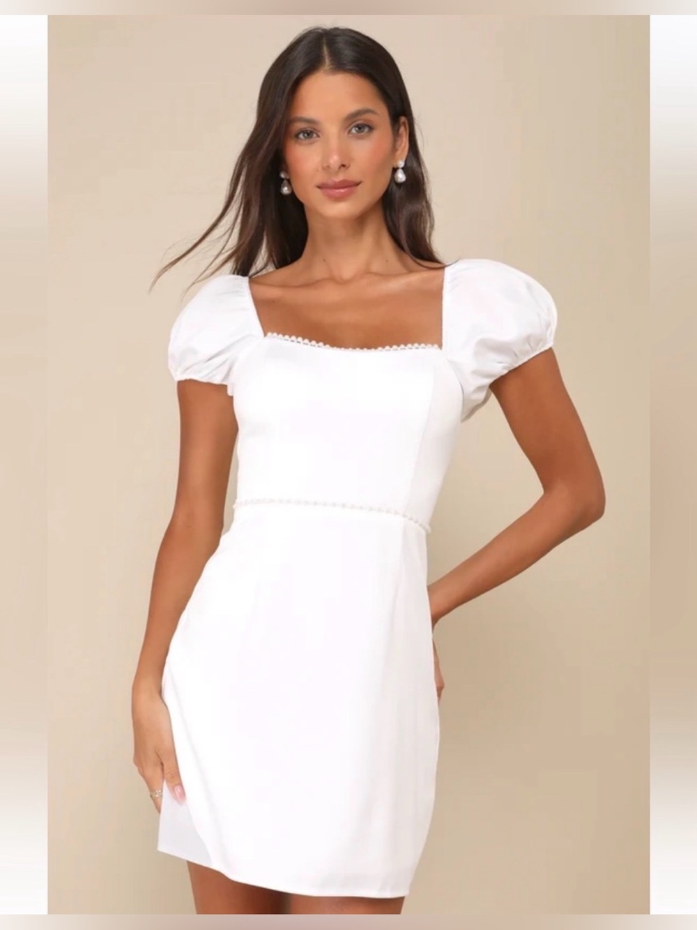 NWT Lulus Adorable Poise White Pearl Puff Sleeve Mini Dress